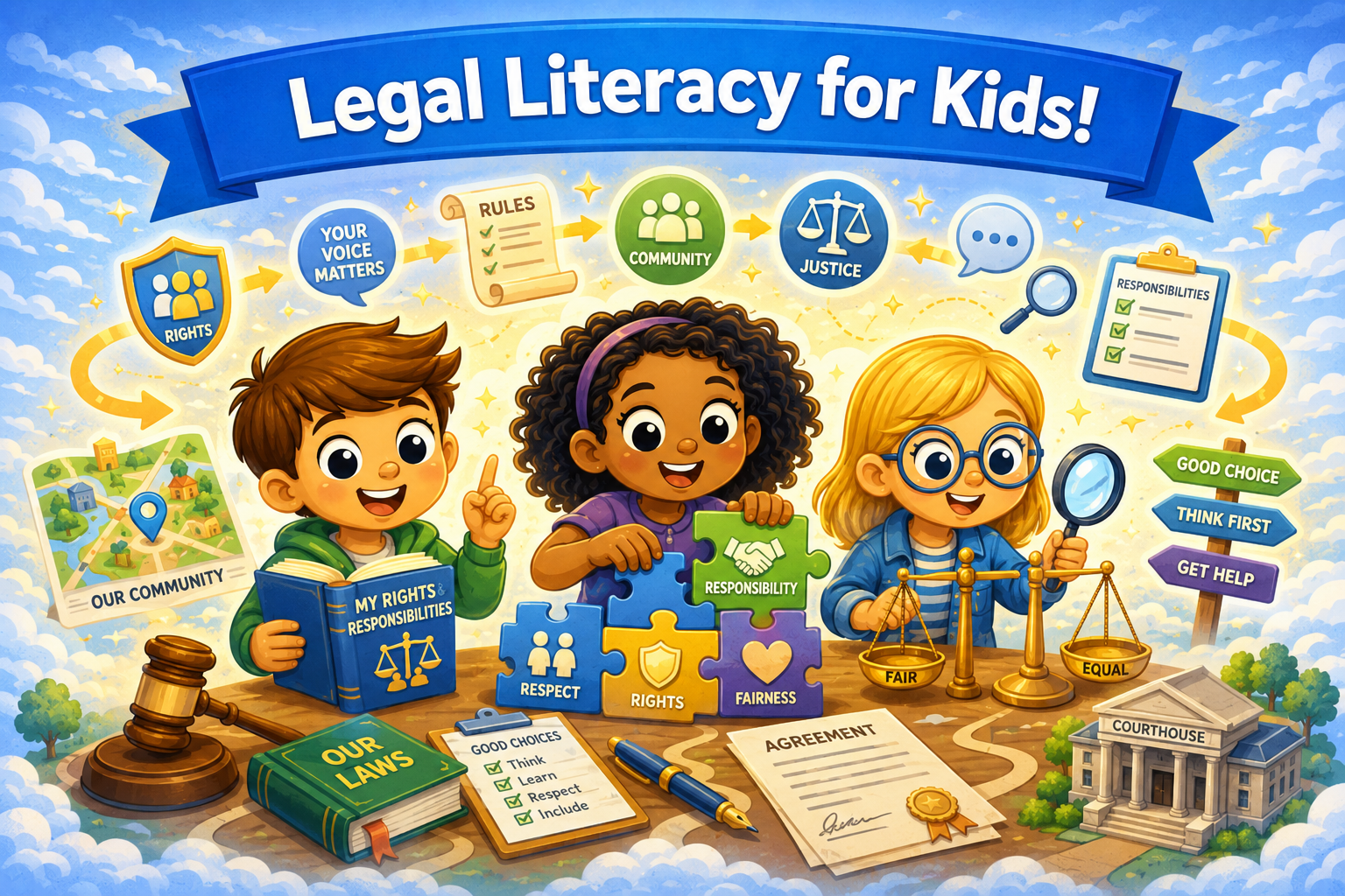 Illustration of children learning about rights, rules, fairness, and justice.