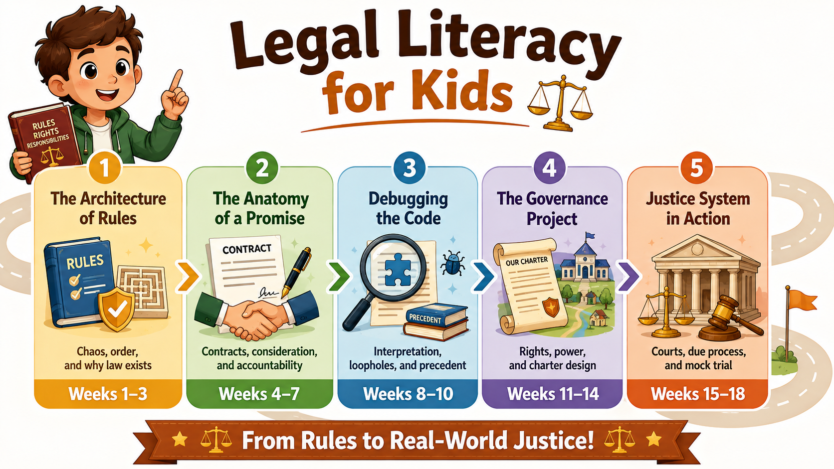 Visual roadmap showing the Legal Literacy for Kids curriculum sequence